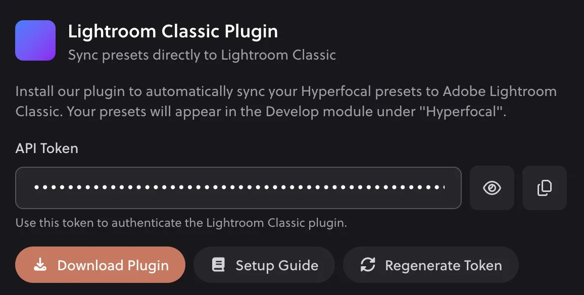 API Token section in Hyperfocal Settings