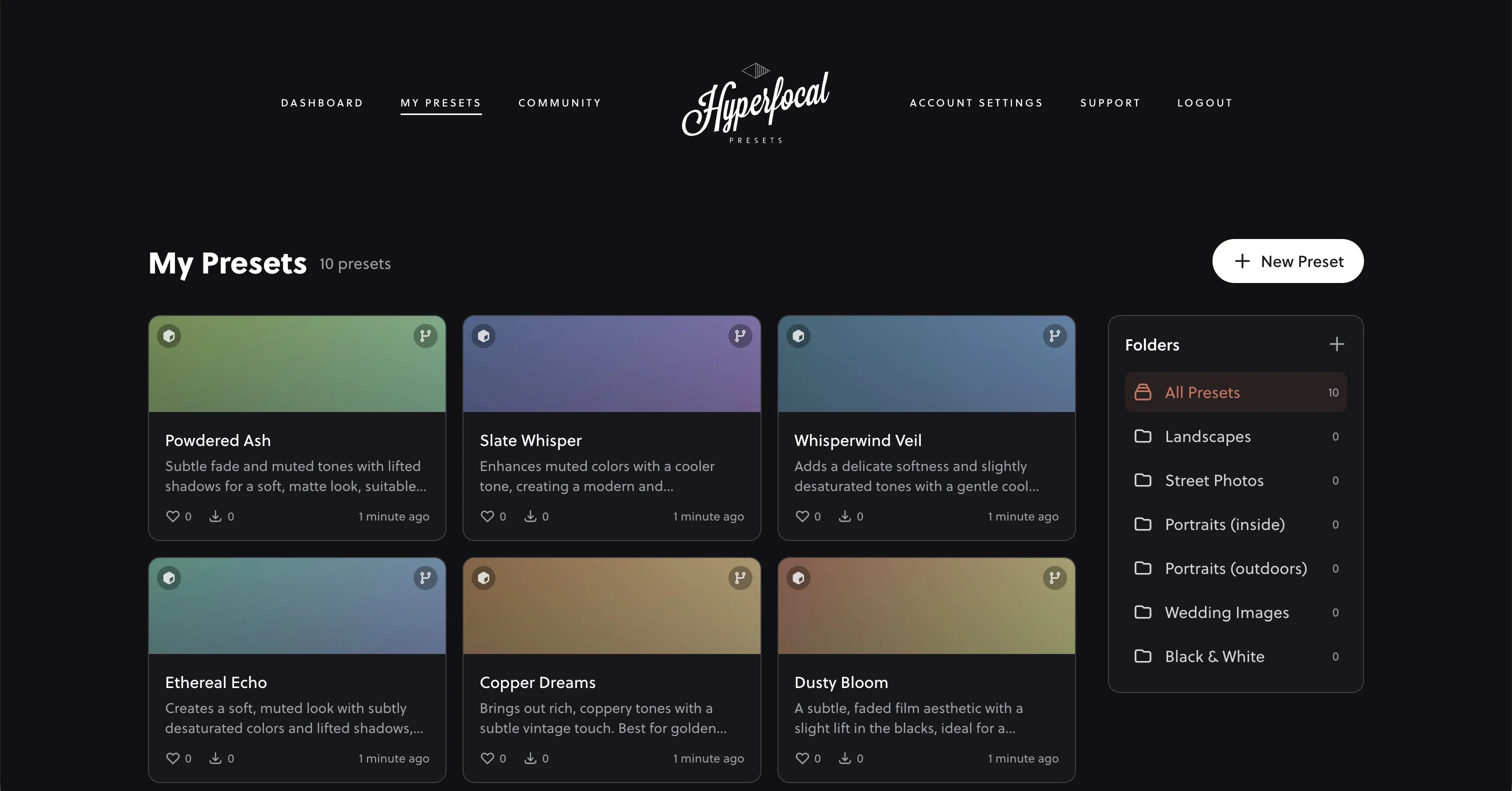 Hyperfocal preset library dashboard