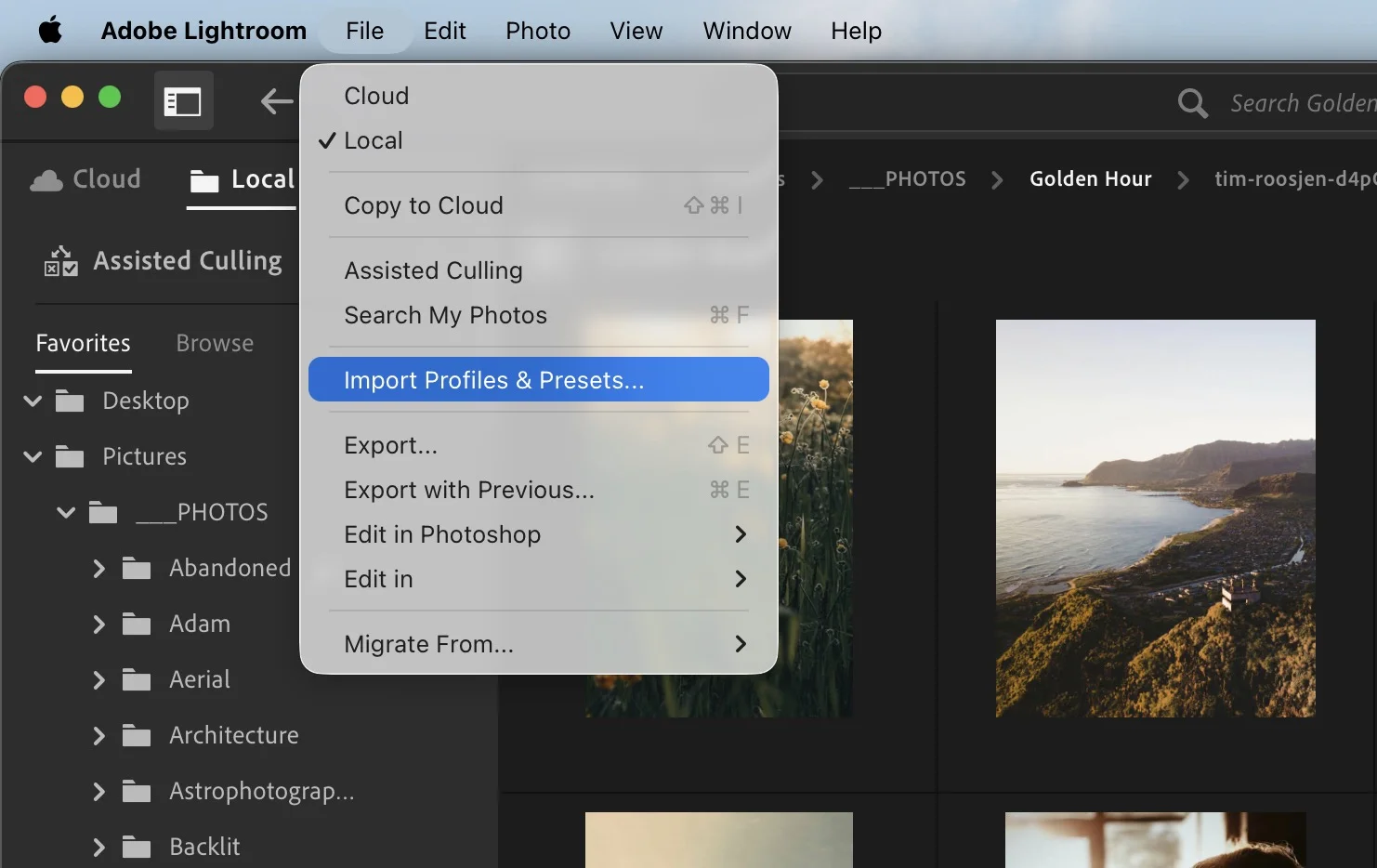 Lightroom CC File menu with Import Profiles & Presets option