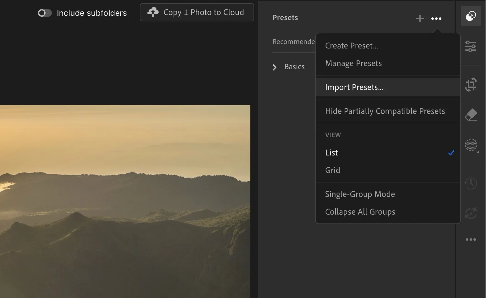 Lightroom CC Presets panel menu with Import Presets option