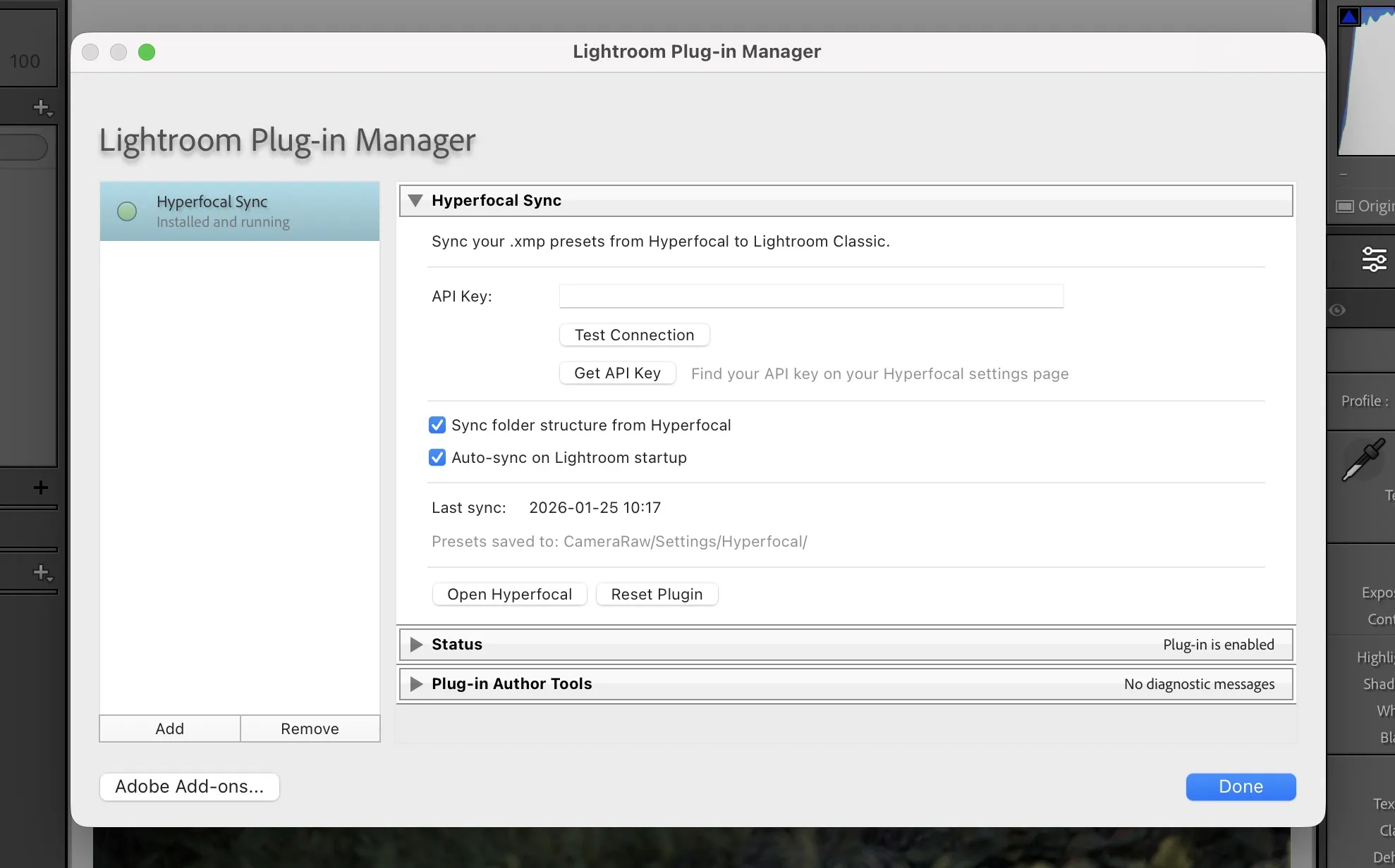 Lightroom Classic Plug-in Manager with Hyperfocal Sync installed
