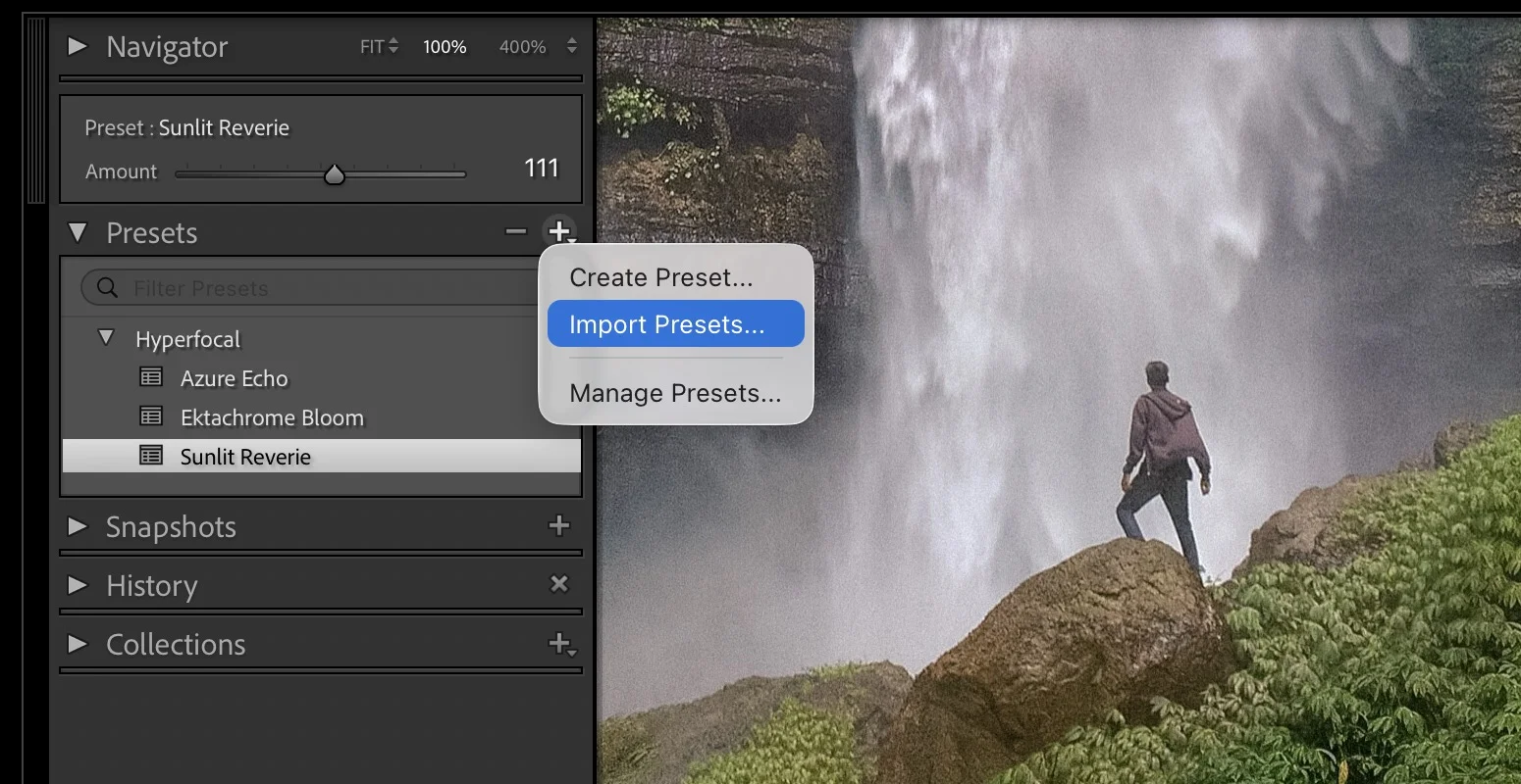 Lightroom Classic Presets panel with Import option highlighted