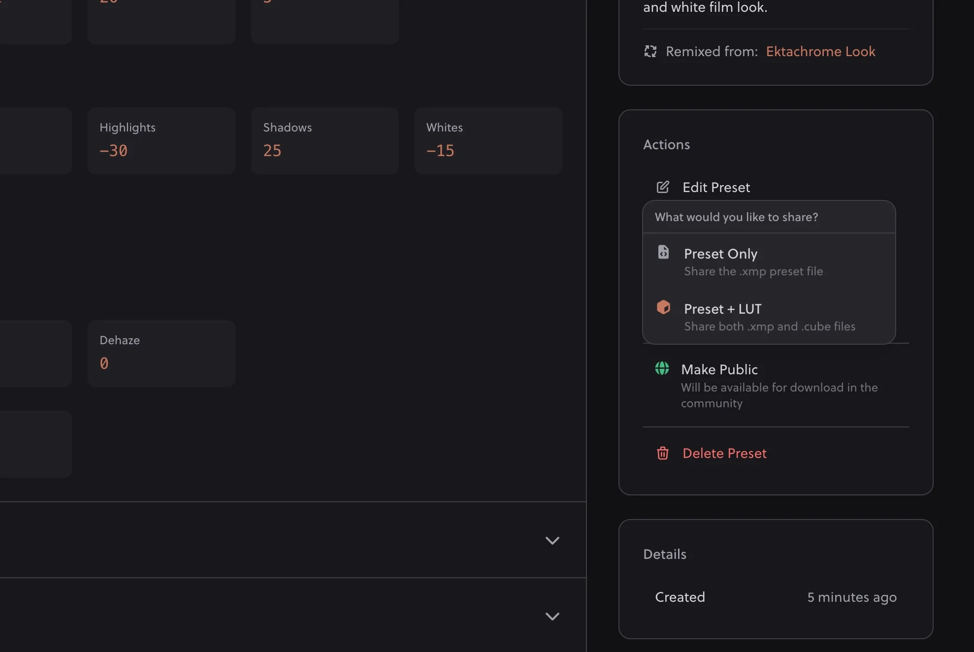 Share preset dialog in Hyperfocal